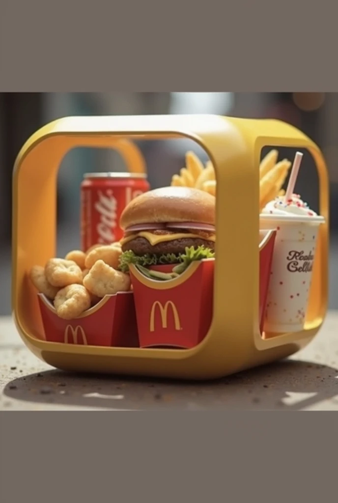 Créer moi une marque de nourriture qui s'appelle : Smart-food, ils servent leurs clients de la nourriture dans des conteneurs rectangulaire ou carré, transparent en plastique, avec des bords arrondis et une poignée très très prononcé au dessus de la boite, a l'intérieur de cette boite, se trouve de plus petites boites individuelles, chacune de ces petites boites contiennent : 1 Burger, des frites, des nuggets, 1 Coca-Cola et un McFlurry, chaqun de ces aliments doivent au moins etre present sur l'image, et doit etre visible,