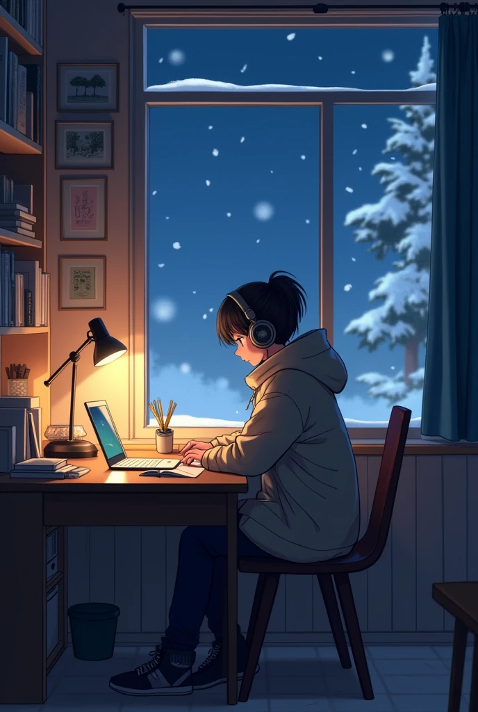 Anime-style student studying in her room, sitting with a serious expression, open window, night with snow falling, wearing winter clothes and headphones, soft and cozy lighting, detailed, UHD, trending on Artstation, in the style of Makoto Shinkai, Your Name