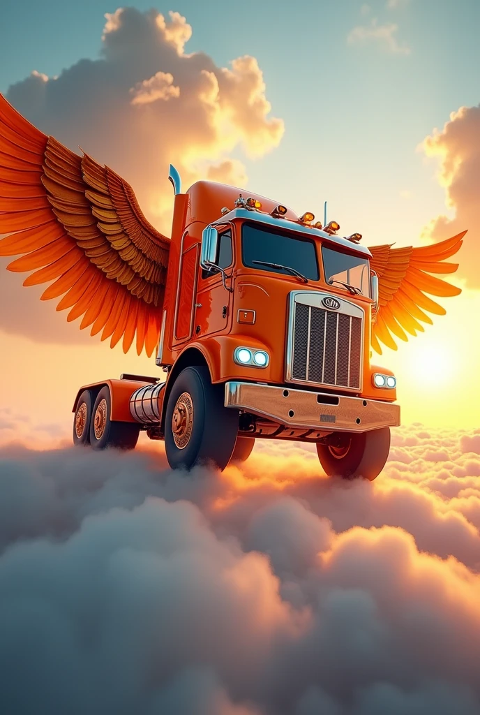 a flying lorry truck with wings, futuristic sci-fi airship, hyper-detailed, intricate machinery, dynamic motion blur, cinematic lighting, vibrant colors, dramatic angles, photorealistic, 8k, masterpiece. Shopee orange truck