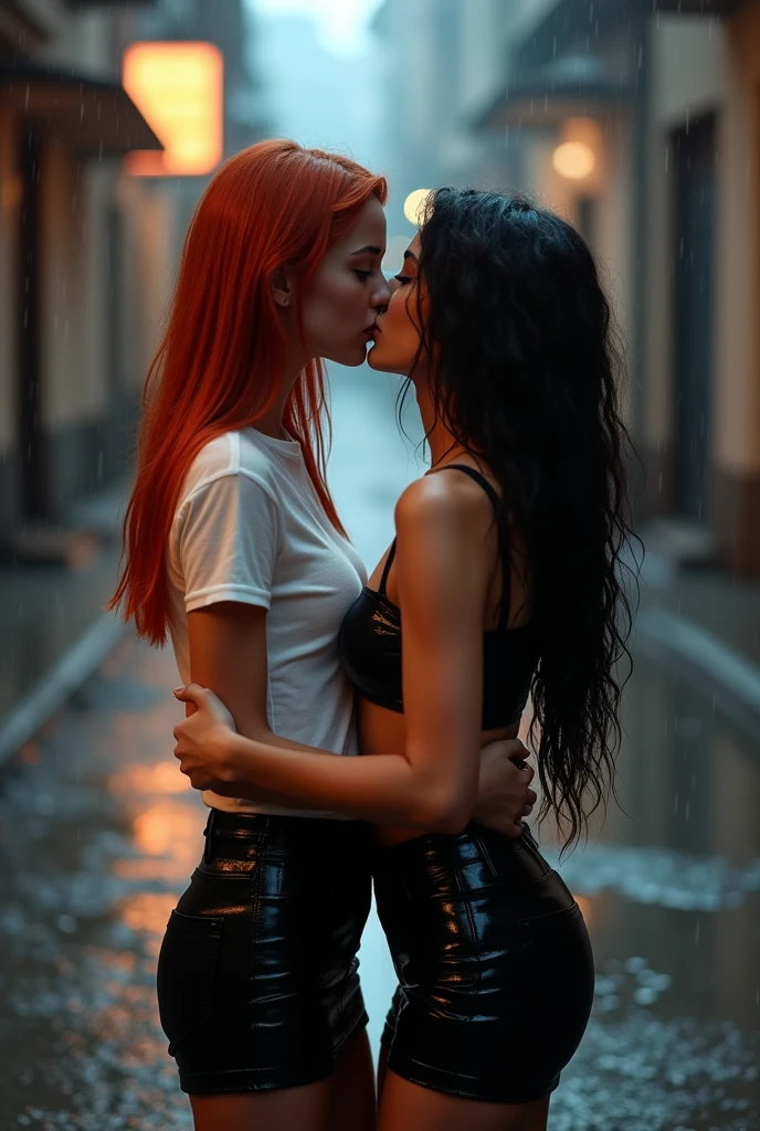 ultra realistic, photography, two girls: one with long straight red hair, (24 years old, hourglass figure, perfect body, natural medium breasts), the other one: long black straight hair, (30 years old, hourglass figure, perfect fit body, natural big breasts), their sheer clothes wet from the rain. White t-shirts transparent by the water. black leather skirts, kissing