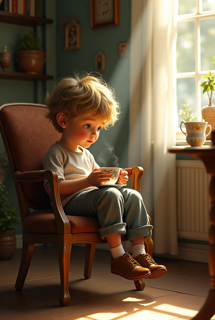 A boy sitting on chair with take a tea cup