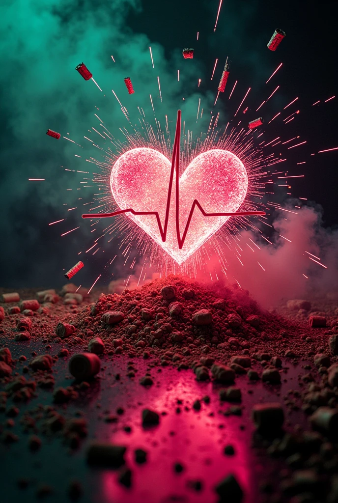 Cardiogram reading symbol with radioactive colors and debris with a dynamite fuse or fireworks