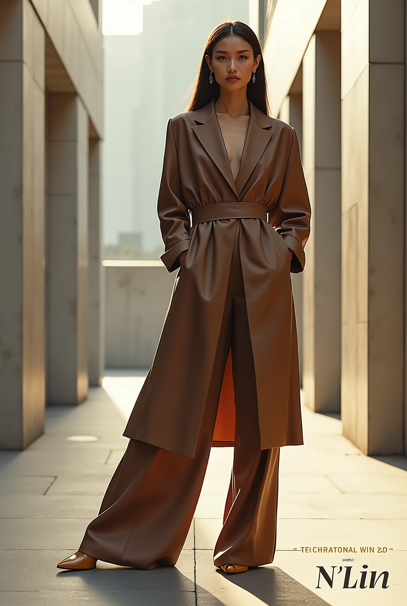 Create a fashion poster for the brand N'Lin, showcasing its chic and trendy style. The poster should appeal to young women aged 25-30, highlighting the brand's focus on fashionable and contemporary designs. Use a sleek and modern aesthetic with high-quality visuals that exude sophistication and style. Incorporate elements like bold typography, elegant models, and a clean layout that reflects the brand's identity as a leader in high-end fashion for young, stylish women. The overall design should convey a sense of exclusivity, confidence, and cutting-edge fashion.