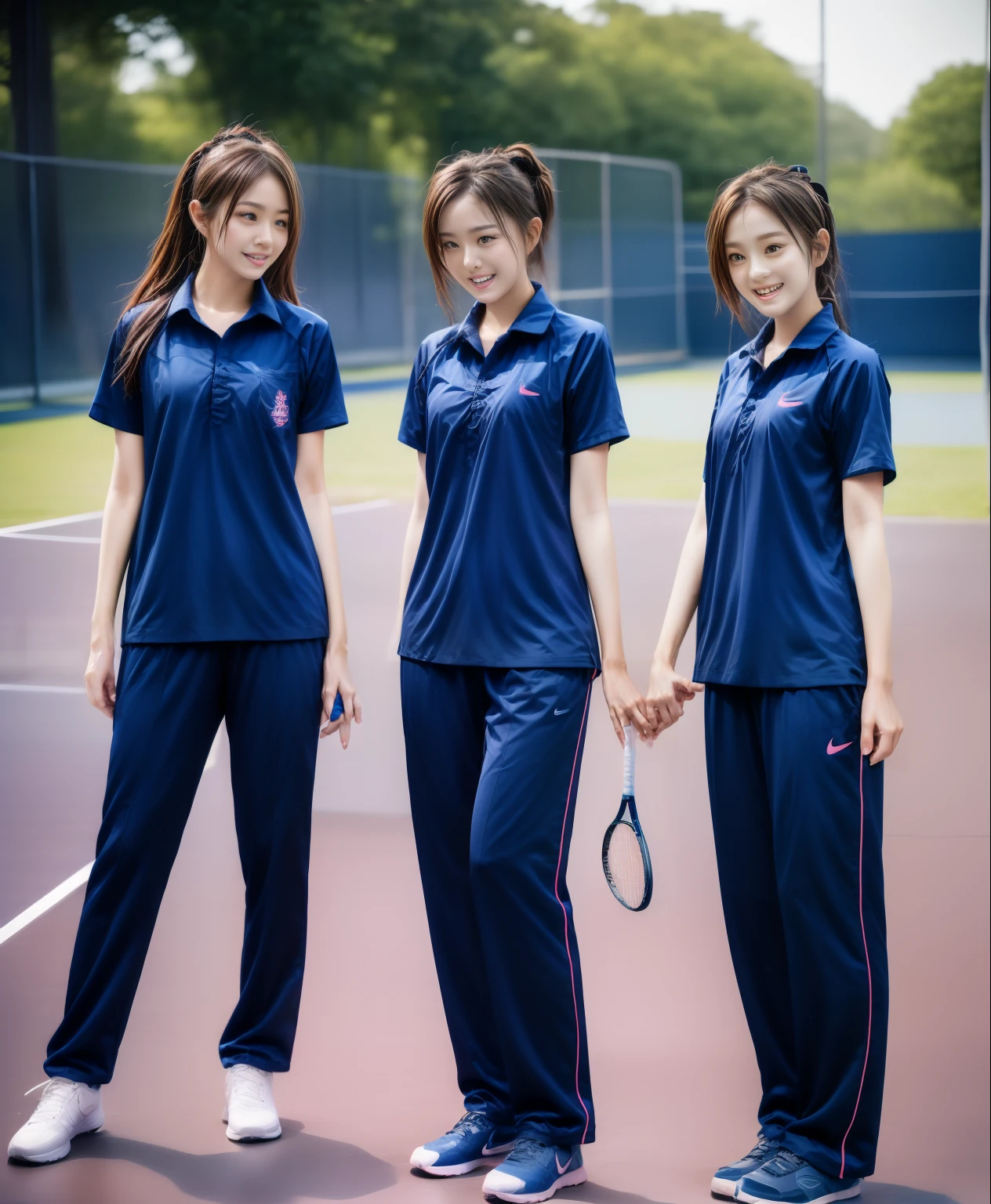 3 girls play tennis at tennis courts, Navy blue short-sleeved shirt,Navy Long Trackpant,Sweatpants, Sweatpantsขายาว,25 year old girl, lesbian, sexy, exercise clothes, wet body, exercise clothes
