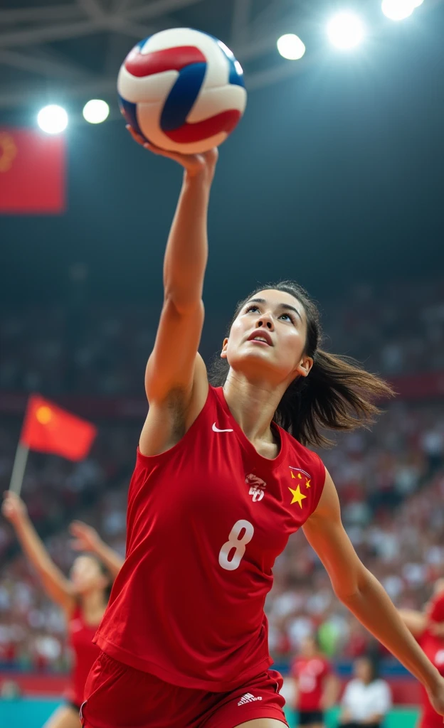 Chinese women's badminton,Red outfit,Beautiful facial features,White skin,full-body shot,Panoramic vistas,Wide-angle lens,Serve,Catch the ball,spike,Intense stimulation,Olympic Games Finals Background