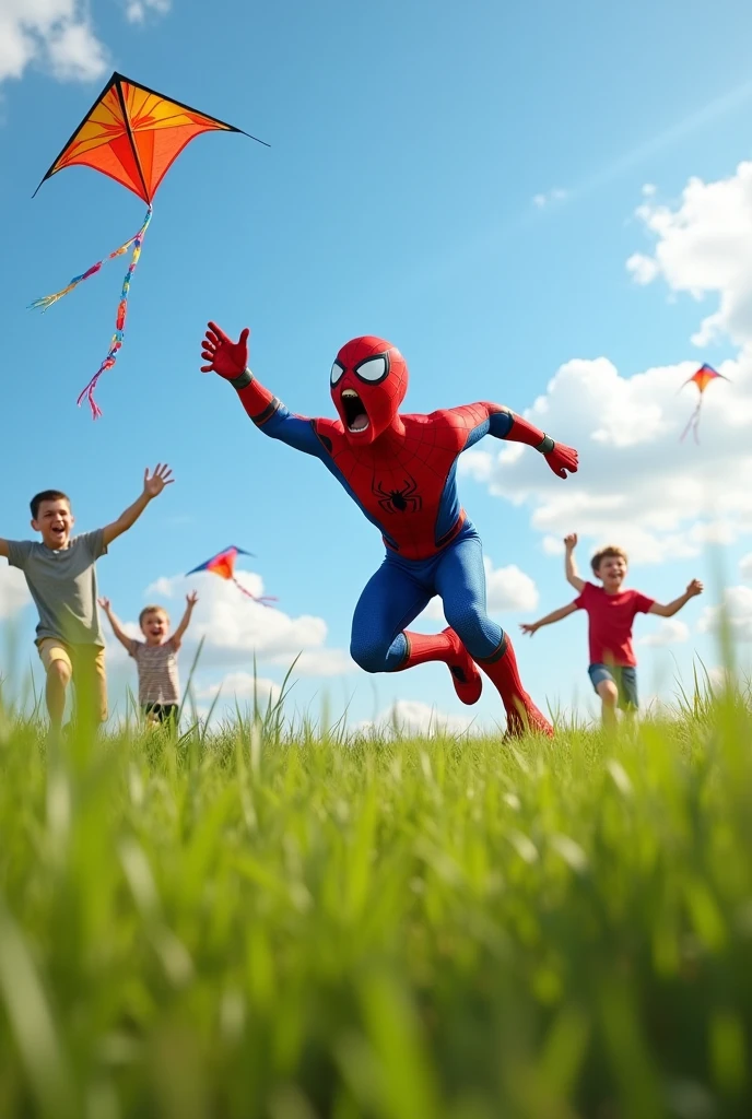 Spiderman running after a kite, face screaming, right hand raised, focus on face, field background, there are children playing kites, ultra realistic, 8K