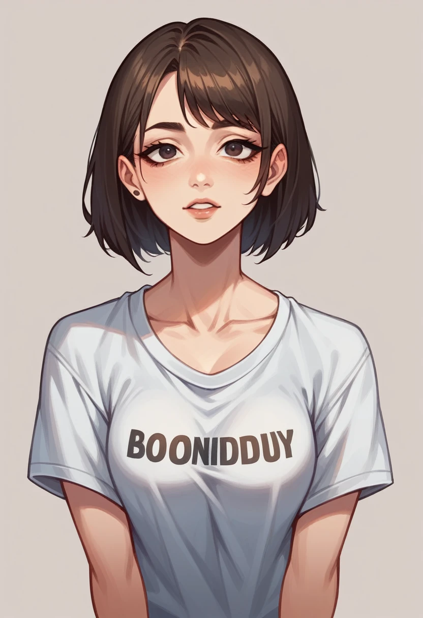 Generate image of japanse woman wearing loose t shirt is little healthy means fat and the t shirt have v shaped neck to show her cleavage the womans looks beautiful like asian and wearing gorgeous and very bright in skin colour. Surrealis., portrai shot of the dull body effect