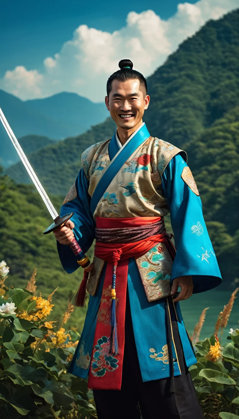 Character Linghu Chong, The Smiling, Proud Wanderer by Jin Yong. An extremely handsome man, dressed in ancient Chinese costume, colorful embroidered martial arts uniform, holding a shiny sword, wearing a wine gourd around his waist, smiling, using high-end cosmetics. The background has blue sky, white clouds, beautiful flowers and leaves, majestic mountains, vast lakes. The photo exudes a heroic spirit, looking straight at the camera. Hong Kong cinema style. Cinematic lighting, high detail, 8K, artstation, conceptual art, dark fantasy. Photo taken with Canon EOS R5 85mm f/11 camera, ((sharp)) mode of people and surrounding environment. Picture quality ((8K)), ((realistic)), ((masterpiece)), ((sharpest and highest contrast)), ((amazing depth of field)), ((stereoscopic light)), ((angry, ferocious)), detailed pores, ((Direct light on the face)), bright sunlight.