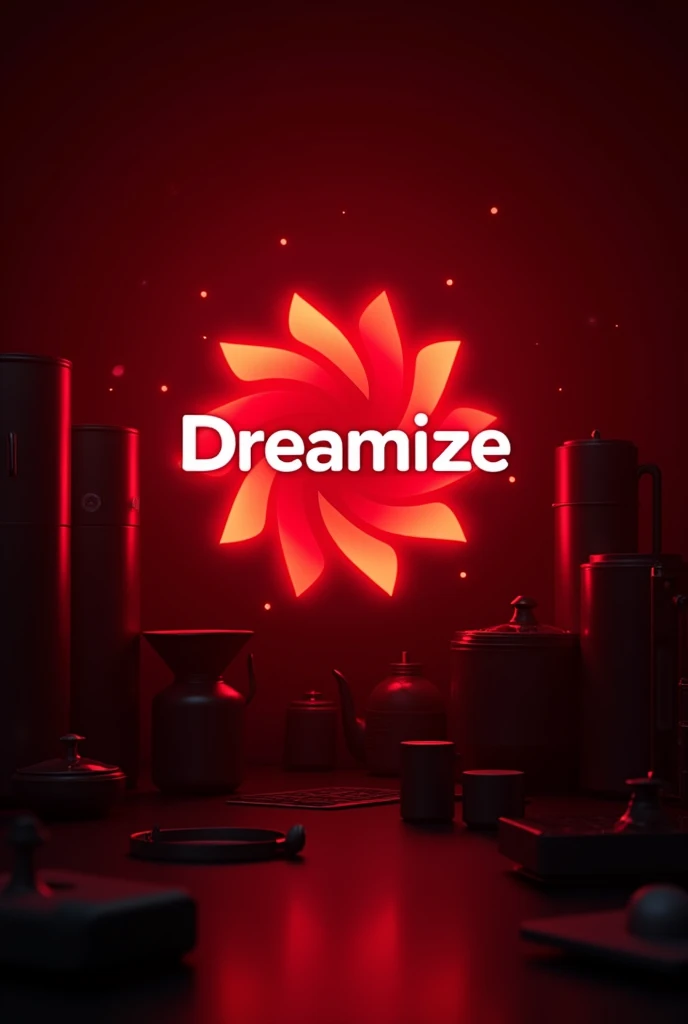 Create a image which welcoming a brand which has selling home appliances,tech gadgets , kitchen products etc products in online store which name is dreamize and comming soon images with the background colour red and black like something big is coming welcoming to the customer and text in that coming soon