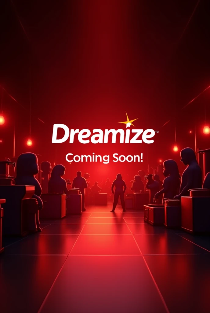Create a image which welcoming a brand which has selling home appliances,tech gadgets , kitchen products etc products in online store which name is dreamize and comming soon images with the background colour red and black like something big is coming welcoming to the customer and text in that coming soon 


