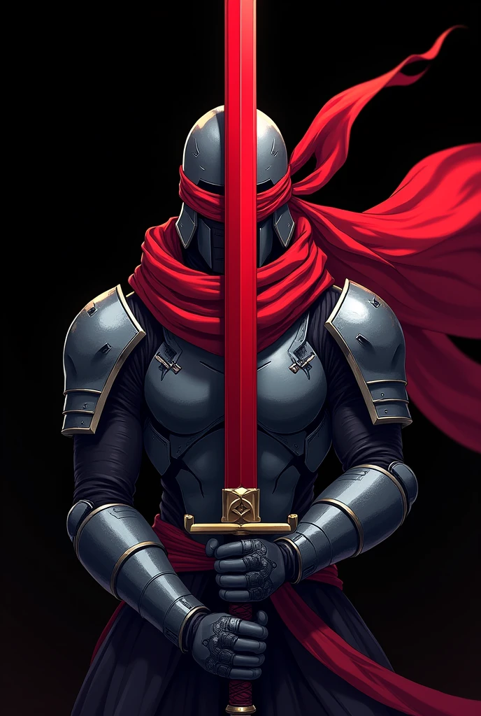 Image of a samurai with a red band covering his eyes on a black background. It is a samurai who has a sword near his neck. A large sword can only be seen from his torso up in an anime style with a futuristic mecha. His sword is red and the red bandage covers his eyes. They cover his eyes from forehead to nose. , His armor is futuristic, Video game animation style with both hands he holds his sword and with his red scarf covering his eyes from forehead to nose you can't see his eyes anime and video game style a samurai with a band covering his eyes and wielding his red sword with both hands the band on his eyes waving in the wind ,