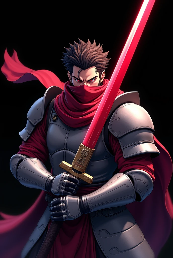 Image of a samurai with a red band covering his eyes on a black background. It is a samurai who has a sword near his neck. A large sword can only be seen from his torso up in an anime style with a futuristic mecha. His sword is red and the red bandage covers his eyes. They cover his eyes from forehead to nose. , His armor is futuristic, Video game animation style with both hands he holds his sword and with his red scarf covering his eyes from forehead to nose you can't see his eyes anime and video game style a samurai with a band covering his eyes and wielding his red sword with both hands the band on his eyes waving in the wind ,