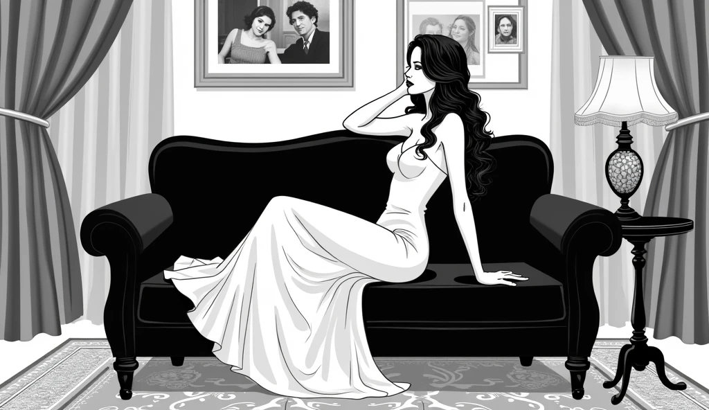 "Draw a scene with a woman with a well-defined body in a low-light motel room, the focus is on her face, with the background blurred. She is wearing a dress that reveals the design of her semi-nude body. The scene has a dark and mysterious atmosphere, as if it were the cover of a music album."