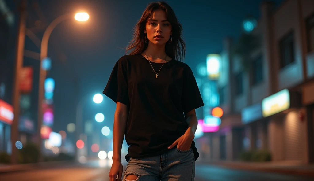 Animation woman wearing black oversize T-shirt and sneakers at night without wearing any lower body