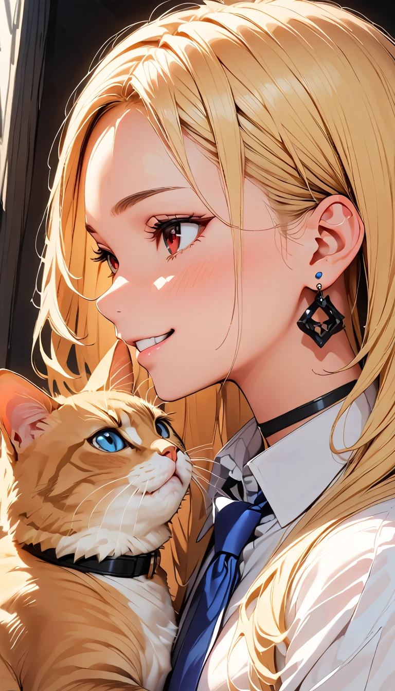 (Highest quality:1.2, Very detailed, Attention to detail, digital coloring, High Contrast, masterpiece:1.2, Highest quality, Best aesthetics), ((1 person)), blonde, Straight Long Hair, Red eyes, Earrings, Black choker, Collared shirt, Blue tie, smile, blush, Facing the cat, profile,Face Up Shot, Face to face with cats:1.2, Focus on profile.