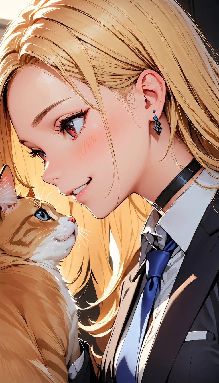 (Highest quality:1.2, Very detailed, Attention to detail, digital coloring, High Contrast, masterpiece:1.2, Highest quality, Best aesthetics), ((1 person)), blonde, Straight Long Hair, Red eyes, Earrings, Black choker, Collared shirt, Blue tie, smile, blush, Facing the cat, profile,Face Up Shot, Face to face with cats:1.2, Focus on profile.