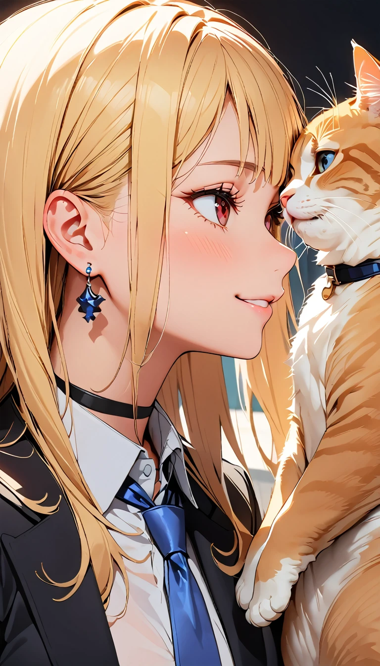 (Highest quality:1.2, Very detailed, Attention to detail, digital coloring, High Contrast, masterpiece:1.2, Highest quality, Best aesthetics), ((1 person)), blonde, Straight Long Hair, Red eyes, Earrings, Black choker, Collared shirt, Blue tie, smile, blush, Facing the cat, profile,Face Up Shot, Face to face with cats:1.2, Focus on profile.