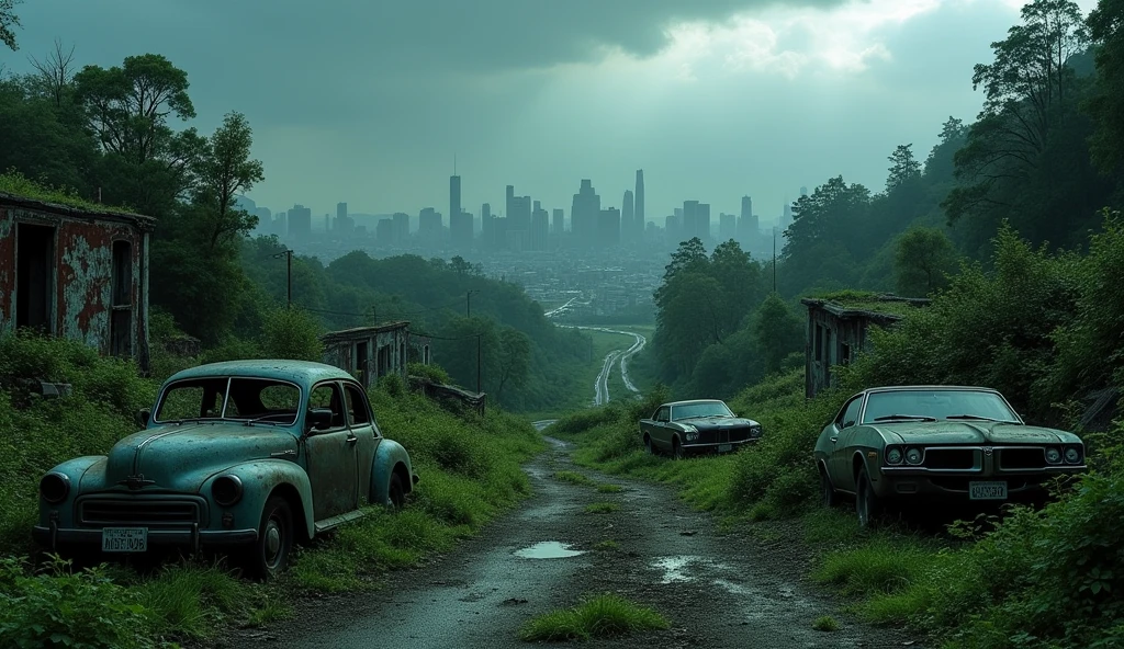 A captivating post-apocalyptic photograph of a once-thriving city now devastated by the aftermath of a zombie apocalypse. Thelandscape is overrun with lush vegetation, and the remnants of destroyed buildings and vehicles lie scattered across the scene. A few abandoned cars, half-covered in plants, create a haunting atmosphere, while the distant skyline is shrouded in a foreboding darkness. The cinematic quality of the photo adds a sense of depth and realism to the desolate scene., cinematic, high quality photo