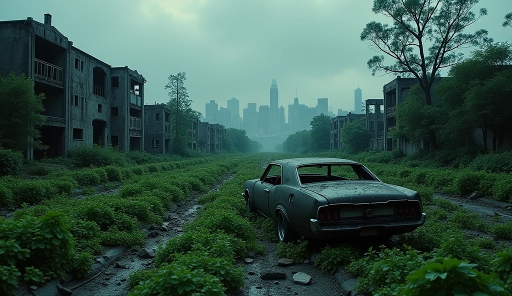 A captivating post-apocalyptic photograph of a once-thriving city now devastated by the aftermath of a zombie apocalypse. Thelandscape is overrun with lush vegetation, and the remnants of destroyed buildings and vehicles lie scattered across the scene. A few abandoned cars, half-covered in plants, create a haunting atmosphere, while the distant skyline is shrouded in a foreboding darkness. The cinematic quality of the photo adds a sense of depth and realism to the desolate scene., cinematic, high quality photo