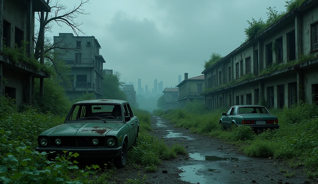 A captivating post-apocalyptic photograph of a once-thriving city now devastated by the aftermath of a zombie apocalypse. Thelandscape is overrun with lush vegetation, and the remnants of destroyed buildings and vehicles lie scattered across the scene. A few abandoned cars, half-covered in plants, create a haunting atmosphere, while the distant skyline is shrouded in a foreboding darkness. The cinematic quality of the photo adds a sense of depth and realism to the desolate scene., cinematic, high quality photo