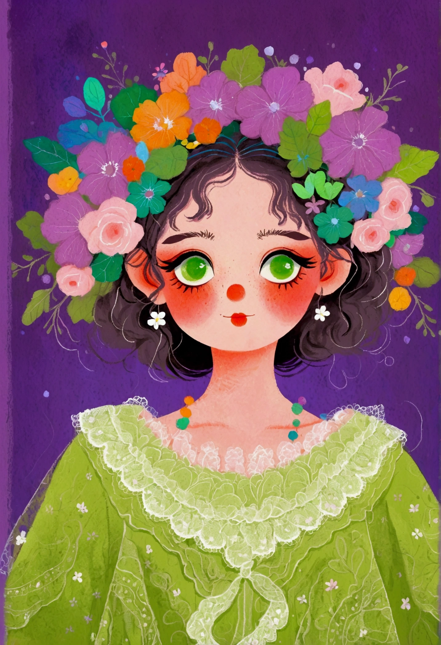 A girl in a green lace dress and a wreath on her head,big eyes，Exaggerated expression，Lovely art style, Lo-Fi Girl, Tranquility illustration, Flower Goddess, Illustration line art style, Digital illustration style，Purple background