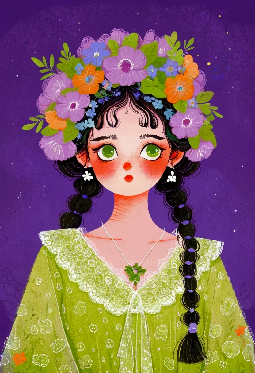 A girl in a green lace dress and a wreath on her head,big eyes，Exaggerated expression，Lovely art style, Lo-Fi Girl, Tranquility illustration, Flower Goddess, Illustration line art style, Digital illustration style，Purple background