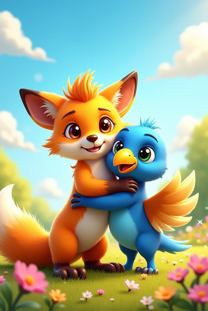 COMPANY IMAGE OF A GOLDEN FOX AND AN ANIMATED BLUE HAWK FOR CHILDREN HUGGING 