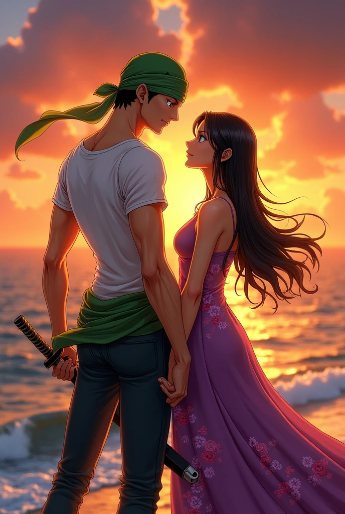 Zoro and robin couple pic from one piece anime. Make it like real add details add clothes. Make Robin like one piece robin. No that's not it. Make it realistic just make a beautiful couple