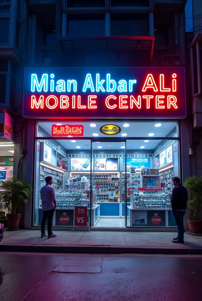 3d mobile shop front photo with name Mian Akbar Ali Mobile center