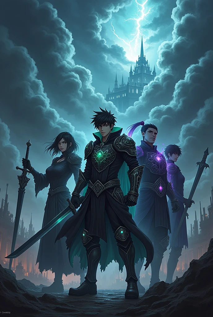 Background:
The cover features a dramatic setting that captures the mood of the story.. The background is a sky in turmoil, with dark clouds and lightning cutting through the sky, creating an atmosphere of tension and chaos. The horizon shows a partially devastated city, with buildings in ruins and shadows stretching over the streets. Ao fundo, the silhouette of an ancient and imposing fortress can be seen, symbolizing the Bastion of Shadows, the fortress where the final battle unfolds.
Personagens Principais:

Hiro is in the foreground, positioned in the center of the cover. He is depicted with an expression of determination and courage. Your dark armor, with silver details and ancient symbols, glows subtly against the dark background. The ancient sword in his hand emits a faint light, creating a vibrant contrast with the surrounding darkness. Your green eyes are highlighted, reflecting the character&#39;s intensity and internal struggle.

Koji is next to Hiro, depicted in a defensive pose with his large shield and sword. The sky blue light of his armor reflects the light of the stormy sky, creating a contrasting glow. Your face expresses firmness and wisdom, and the aura around him seems to protect Hiro from the threatening shadows.

Yumi is on Hiro&#39;s right side, with his scepter raised, radiating a soft, comforting light. Its emerald green armor shines with details of growth and renewal., creating a delicate contrast with the shadows. His expression is serene and encouraging., offering a sense of hope and balance.

Miyako, to the left of Hiro, is in a threatening pose, with his black sword raised. His black armor with purple details blends into the shadows in the background., and his red eyes glow with an ominous light. Miyako&#39;s presence is marked by a halo of darkness that highlights her role as the main antagonist..
 Additional Elements:

Runes and Symbols: Around the characters and at the bottom of the cover, ancient runes and mystical symbols