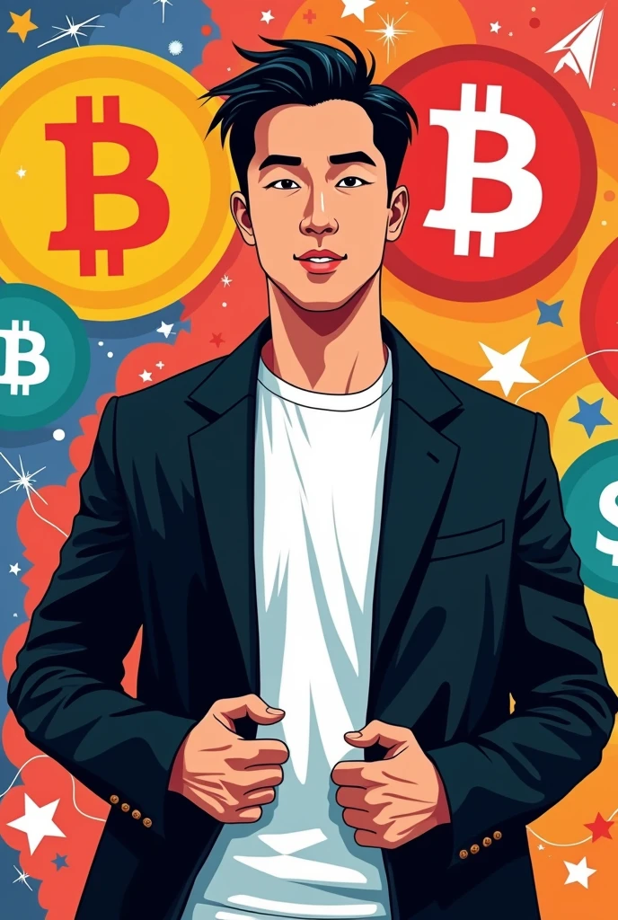 (masterpiece, Highest quality:1.1),Pop Art,Flat Color, Man in Black, Man wearing a double-breasted jacket,Hairstyle Center Part, Bitcoin background, Dynamic Angle,39-year-old male,Japanese men,A white T-shirt underneath the jacket,