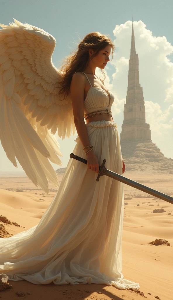 Beautiful female angel standing in the desert, whole body, Holding a sword, Daytime, The collapsed Tower of Babel in the distance