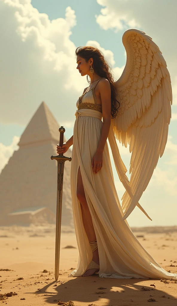 Beautiful female angel standing in the desert, whole body, Holding a sword, Daytime, The collapsed Tower of Babel in the distance