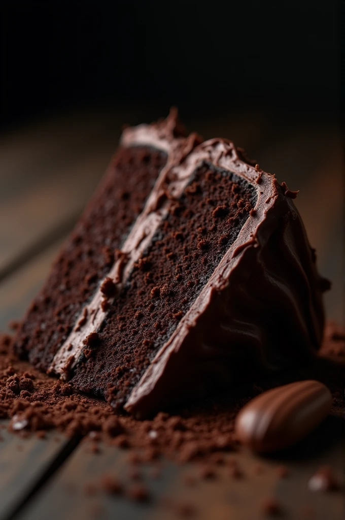cinematic film still chocolate, chocolate cake, dark background, quality photo, moist texture, frosting, studio photo, slice . shallow depth of field, vignette, highly detailed, high budget, bokeh, cinemascope, moody, epic, gorgeous, film grain, grainy