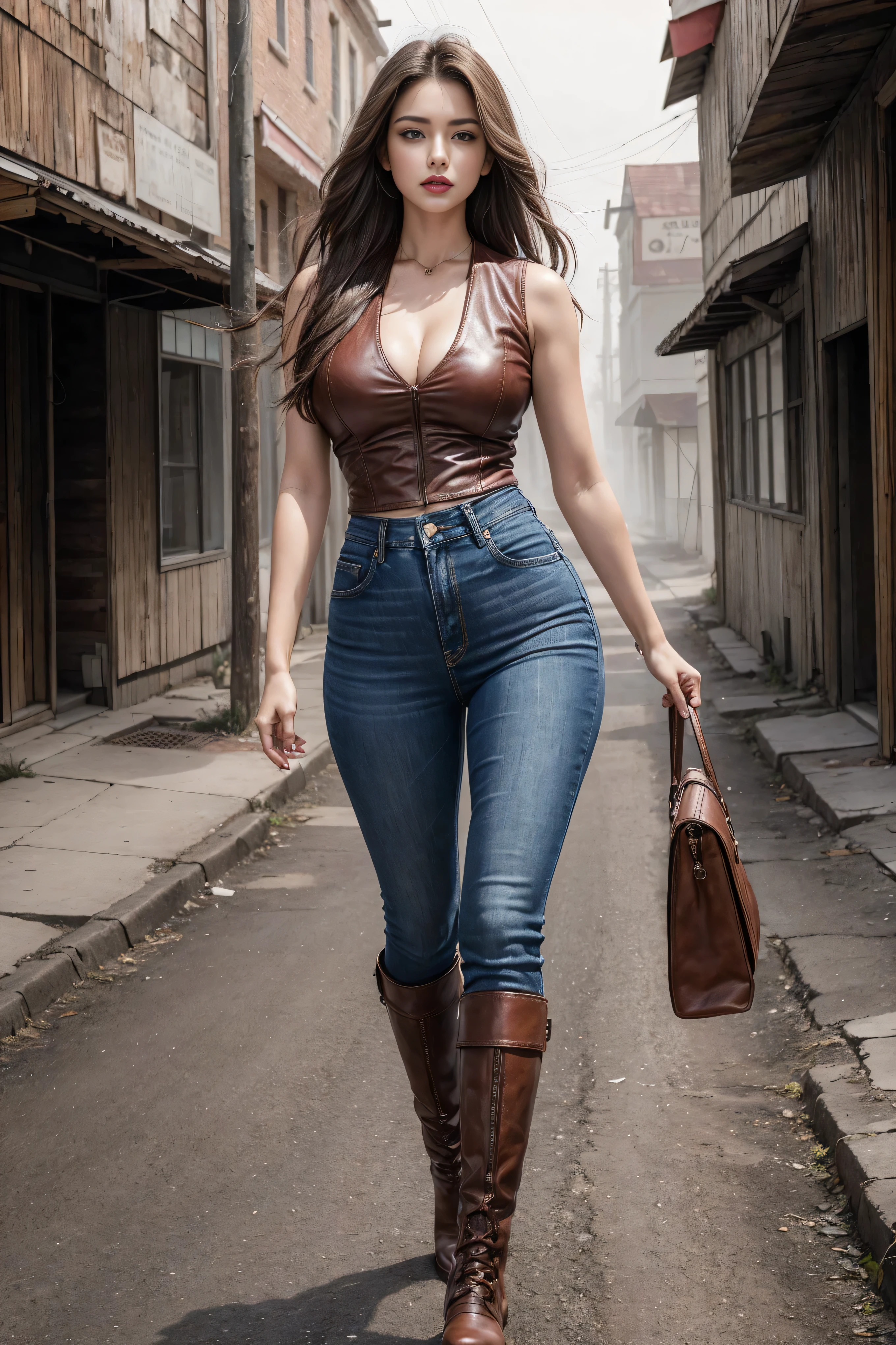 Woman in denim circa 1880s, Brown long straight hair, Brown eyes, High arched eyebrows, Slender and graceful neck, Red lips, Large Breasts, Brown Leather Leggings, Sleeveless Brown Leather Vest, Leather Boots, Walking on the dusty sandy streets of a deserted North American town，The wind blew through her hair, Practical, photoPractical, photoPractical, Fear, Dark atmosphere and dramatic lighting, Deep Red, Foggy environment, Detailed facial expressions, Heavy fog