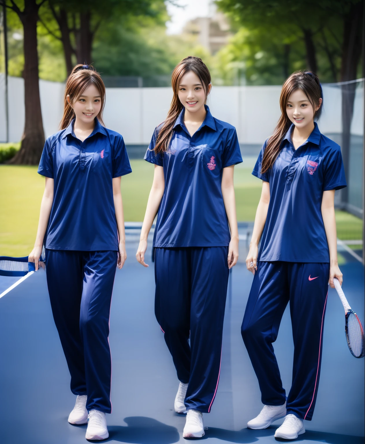 3 girls play tennis at tennis courts, Navy blue short-sleeved shirt,Navy Long Trackpant,Sweatpants, Sweatpantsขายาว,25 year old girl, lesbian, sexy, exercise clothes, wet body, exercise clothes