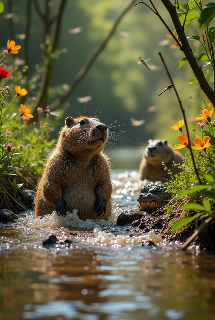 creek with little water full of broken sticks with 1 capybara stuck in it, with a crocodile attacking the capybara, 2 capybara friends helping him, all with expressions of terror drawing