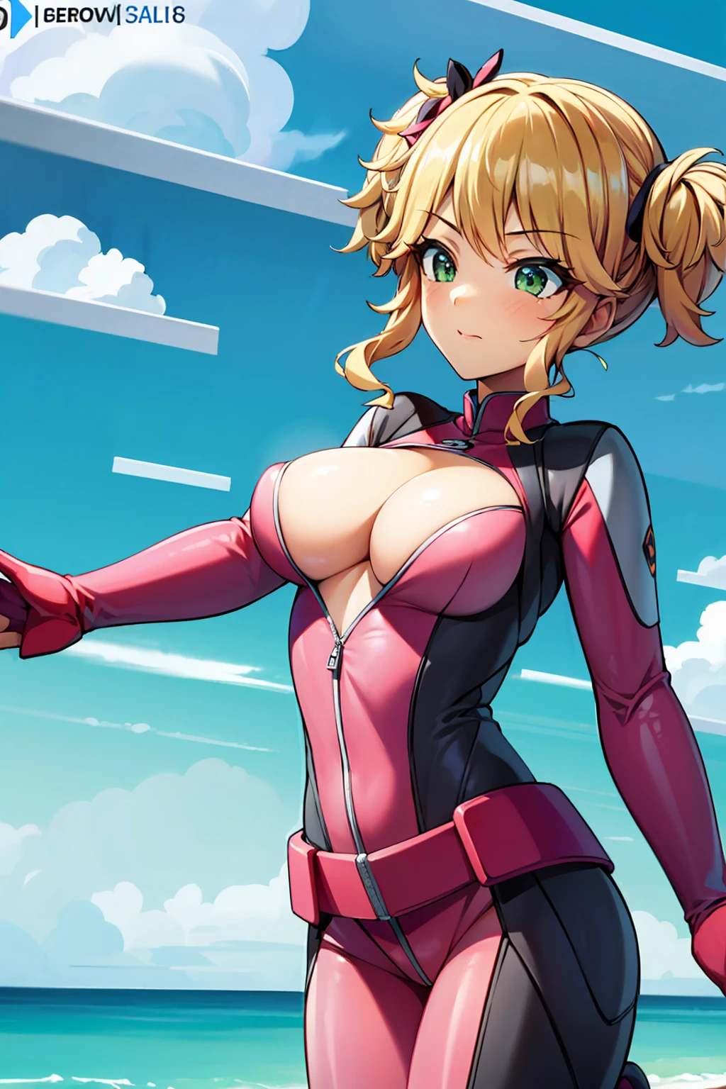 ((super high quality,Ultra-high resolution,16K,super masterpiece,Ultra HD,Ultra high definition,))One Girl,All-pink wetsuit,a blue sky with clouds and sun,