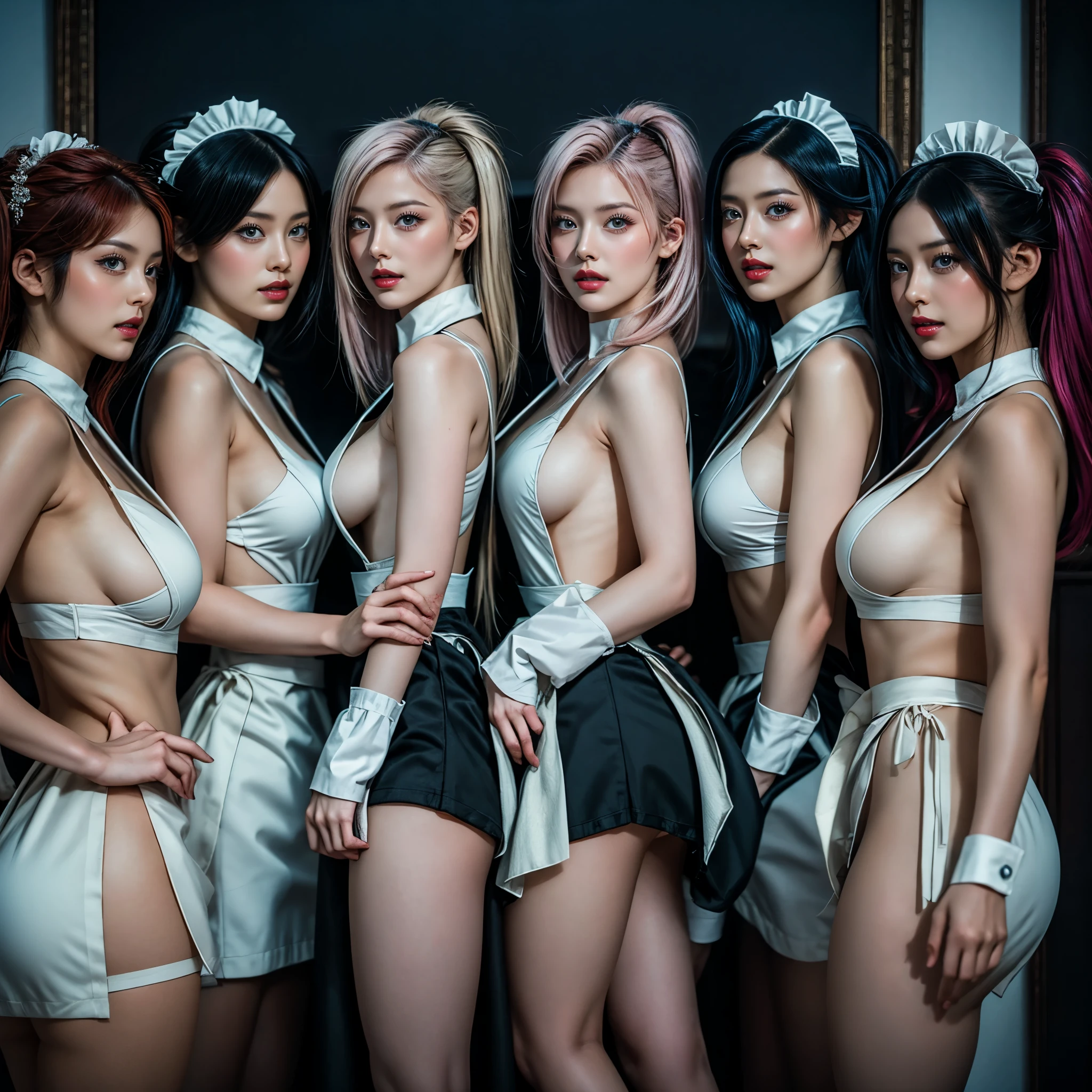 (Full Body of Extremely Detailed((Sexy Maid Group in a row:1.37))), KAWAII perfect face, Reflective Eyes, Detailed(Delicate Clothing textures), Correct Leg Line, Dynamic Joyful Expressions LifeLike Rendering, Specular Reflection, TopQuality 8K Ultra-detailed masterpiece (ProfessionalPhoto:1.37), (Acutance:0.8), (Luminism:1.28), Renaissance art style, Colorful Light particles, ((Full body from side)), {MicroMini Skirt|Kissing|Breast Lifting|Undressing|Thigh Gap|AssFocus|(NakedApron with Overflowing SideBoob)}, Radiant Fine Skin with Transparency, (Exposed:0.33), (Different types of Anime hair color){Pink Hair|Blue Hair|Platinum Blonde|Pure White Hair|Liquid Hair}, Perfect Lighting