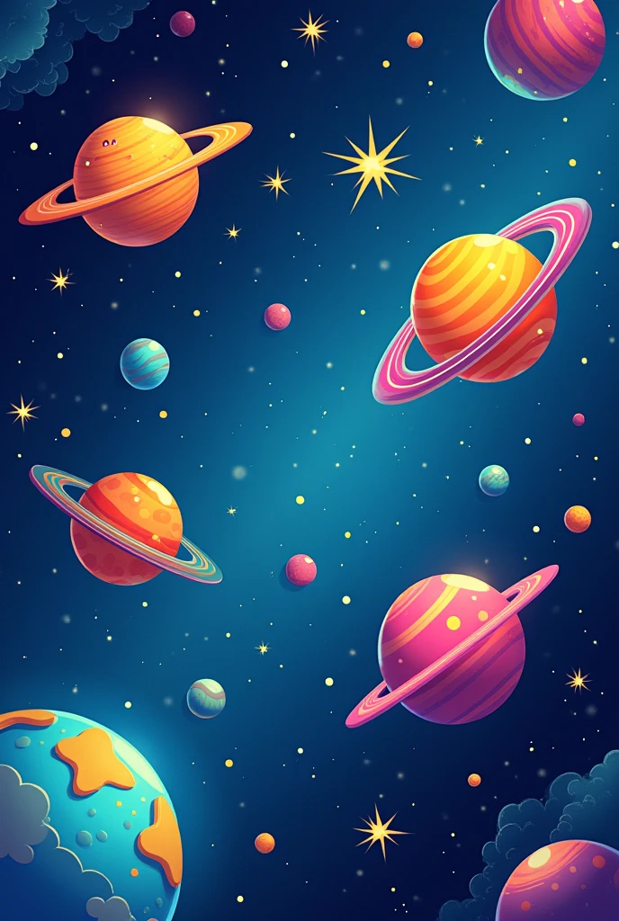 Generate a vibrant, cartoon-style universe scene. it should include stars and planets The overall mood is playful but it should be dark deep blue