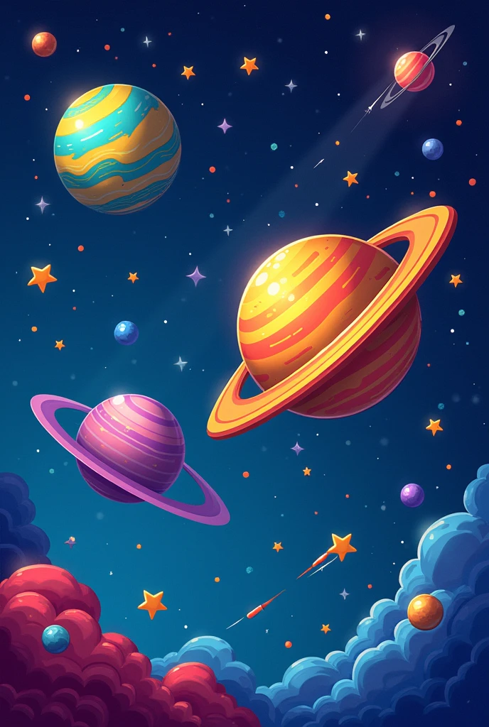 Generate a vibrant, cartoon-style universe scene. it should include stars and planets The overall mood is playful but it should be dark deep blue