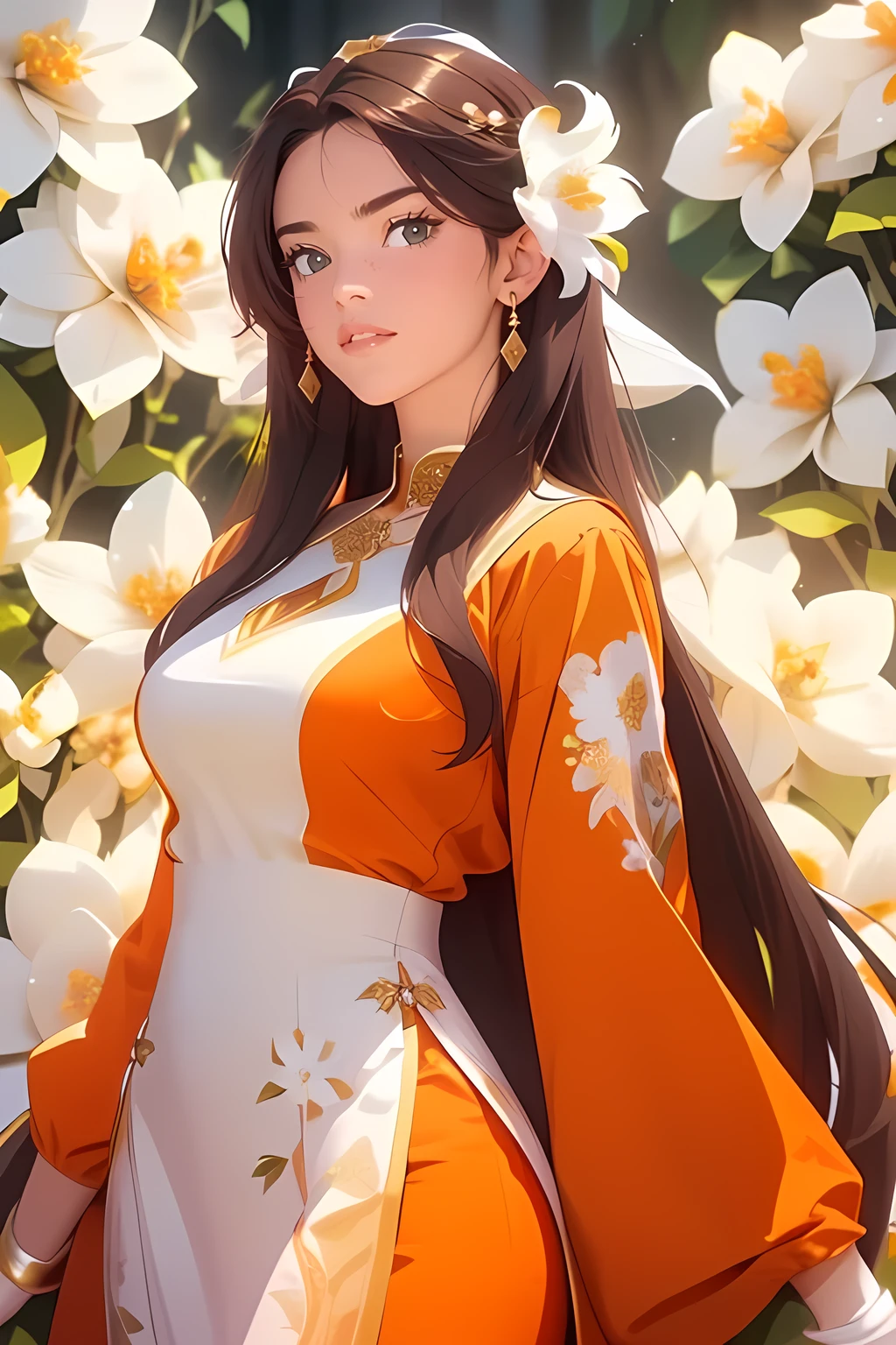 Beautiful woman , very long hair , ((dark brown hair:1.3)) , gold eyes , lean body ,  expressive  eyes,  figure, age 26, 

(((Wearing an orange outfit , surrounded by white flowers , the flowers giant , wearing diamonds , gold and silver jewelry,))), 
