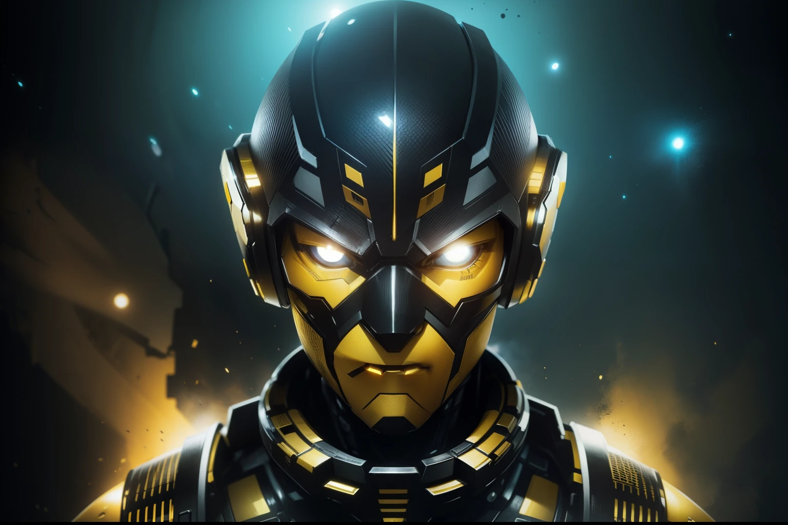 black and yellow robot man, space background, well detailed, 1080, realistic face, realistic eyes,