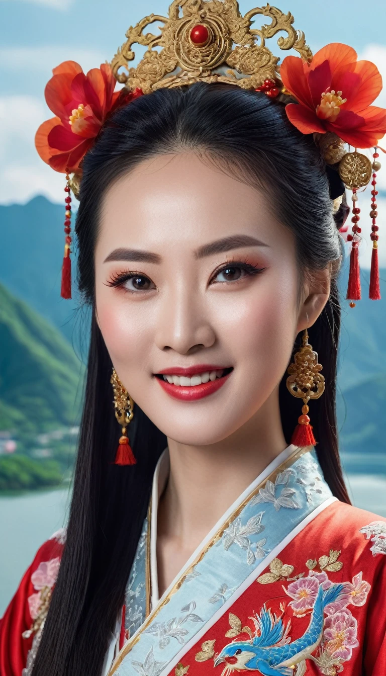 Character Dong Phuong Bat Bai, work Tieu Ngao Giang Ho by Kim Dung, China, ancient swordplay film. An extremely beautiful girl, long hair, white skin, very beautiful makeup, hair with exquisite accessories, wearing red ancient Chinese costume embroidered with colorful brocade, holding a short knife and needle, wearing expensive jewelry, smiling mouth, using high-end cosmetics. The background has blue sky, white clouds, beautiful flowers, majestic mountains, vast lake. The photo exudes gentleness, charm, eyes looking straight into the lens. Hong Kong cinema style. Cinematic light, high detail, 8K, artstation, conceptual art, dark fantasy. Photo taken with Canon EOS R5 85mm f/11 camera, ((sharp)) mode of people and surroundings. Photo quality ((8K)), ((realistic)), ((masterpiece)), ((sharpest and highest contrast)), ((amazing depth of field)), ((stereoscopic light)), ((angry, ferocious)), detailed pores, ((Direct light on the face)), bright sunlight