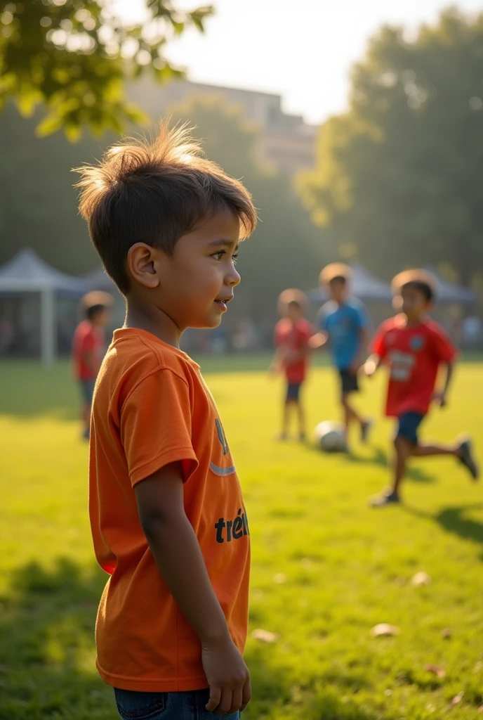 A lot of boys are playing but a  boy is watching the other boys sadly. He wants to play with them but nobody takes him. He became sad. Other boys are looking at him and laughing. theeihu is written in his tshirt
