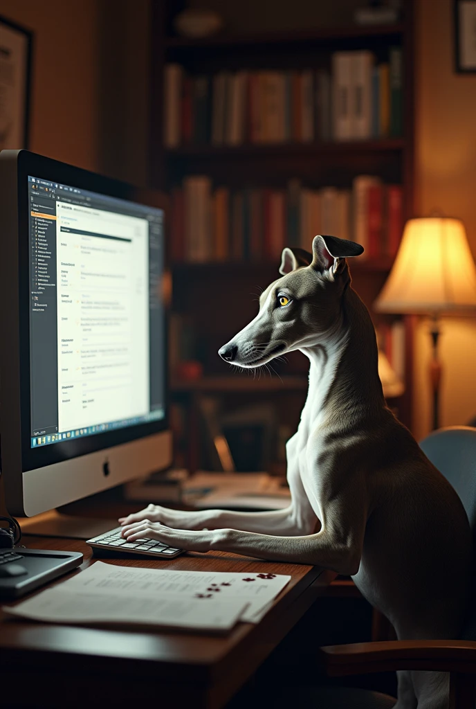 Greyhound dog in front of the computer making decisions 