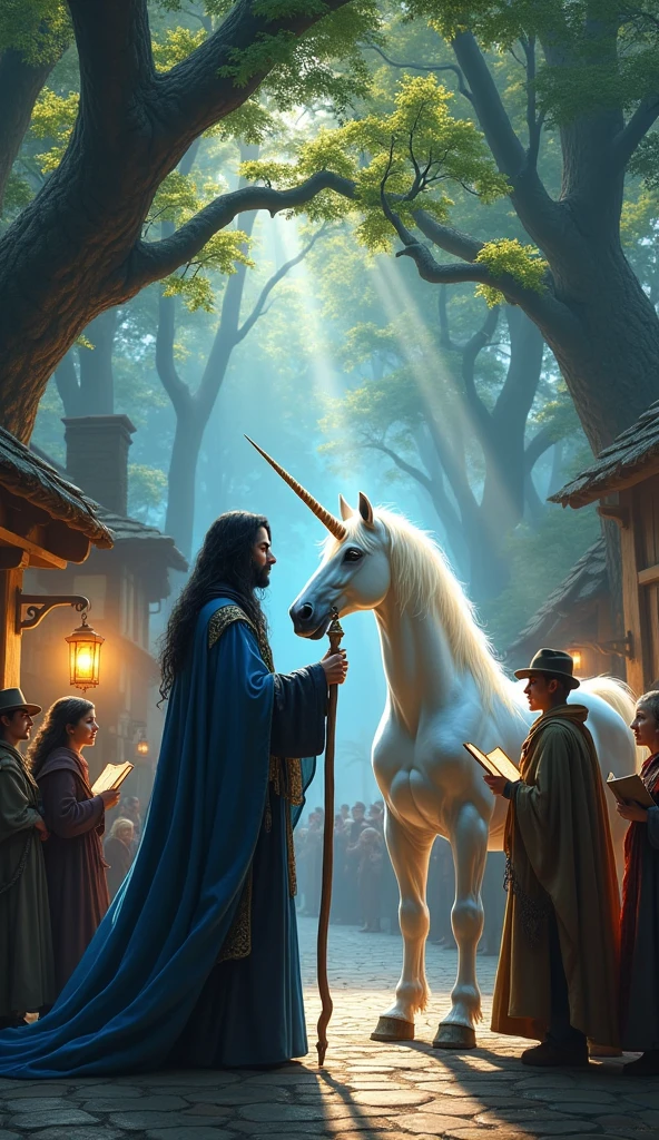 In the village, the story of Vortex, a black-coated man with long black hair, (Mirage, a male:2) wizard in a blue robe with long platinum blonde hair, and the unicorn has been passed down for generations. In the village square, a painting is displayed depicting Vortex with long black hair, Mirage with platinum blonde hair, and a shining unicorn standing together in a sacred forest. The villagers gather around the painting and tell each other stories of how the heroes saved them from the forces of darkness.