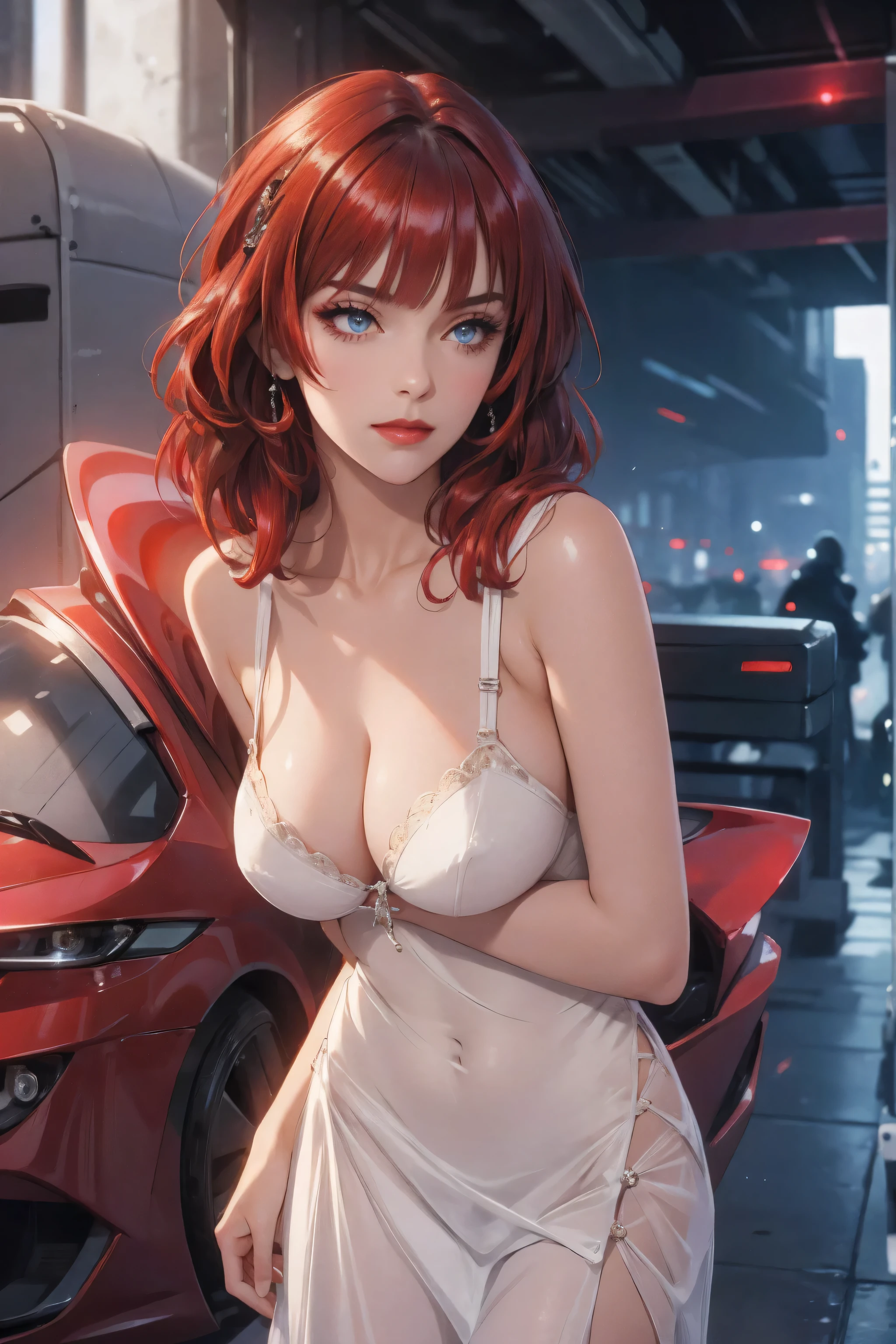 1girl,a beautiful fashion model ,(masterpiece, detailed background, best quality),short and shiny hair, red hair, hair with highlights, bangs, smirk,juicy lips,red lips, calmart, lingerie, stripping, elegant makeup, blue eyes, full body shot, (shiny skin), cyberpunk, sci fi, boa, extravagant jewelry, y expression, covered in jewelry, fancy, white dress, bra, thong, stripping, cyberpi