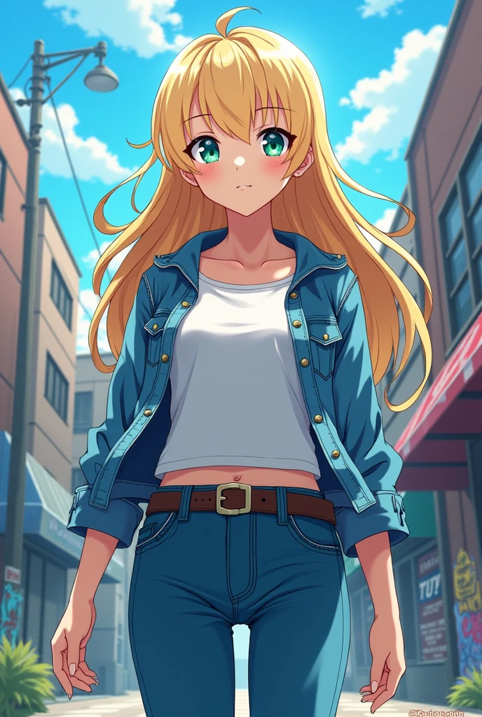 Create a BNHA anime style woman. waist length blonde wavy hair look, Jade eyes, clear skin. CLOTHES: white t-shirt and denim jacket.
