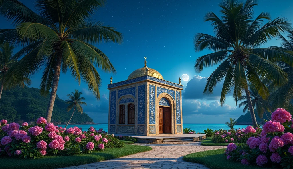 A tiny mosque in the style of Samarkand Uzbek architecture in the middle of an Indonesian coconut forest with a pastel flower garden nearby at night Beachside, Wide angle view